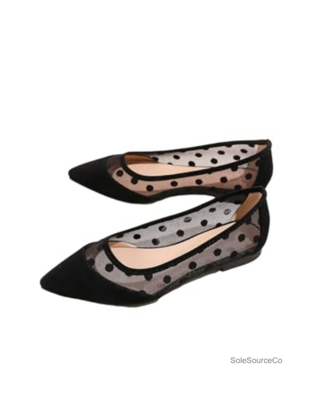 BEAUDRM Women's Polka Dots Ballet Flats Mesh Pointed Toe Slip on Flat Shoes
